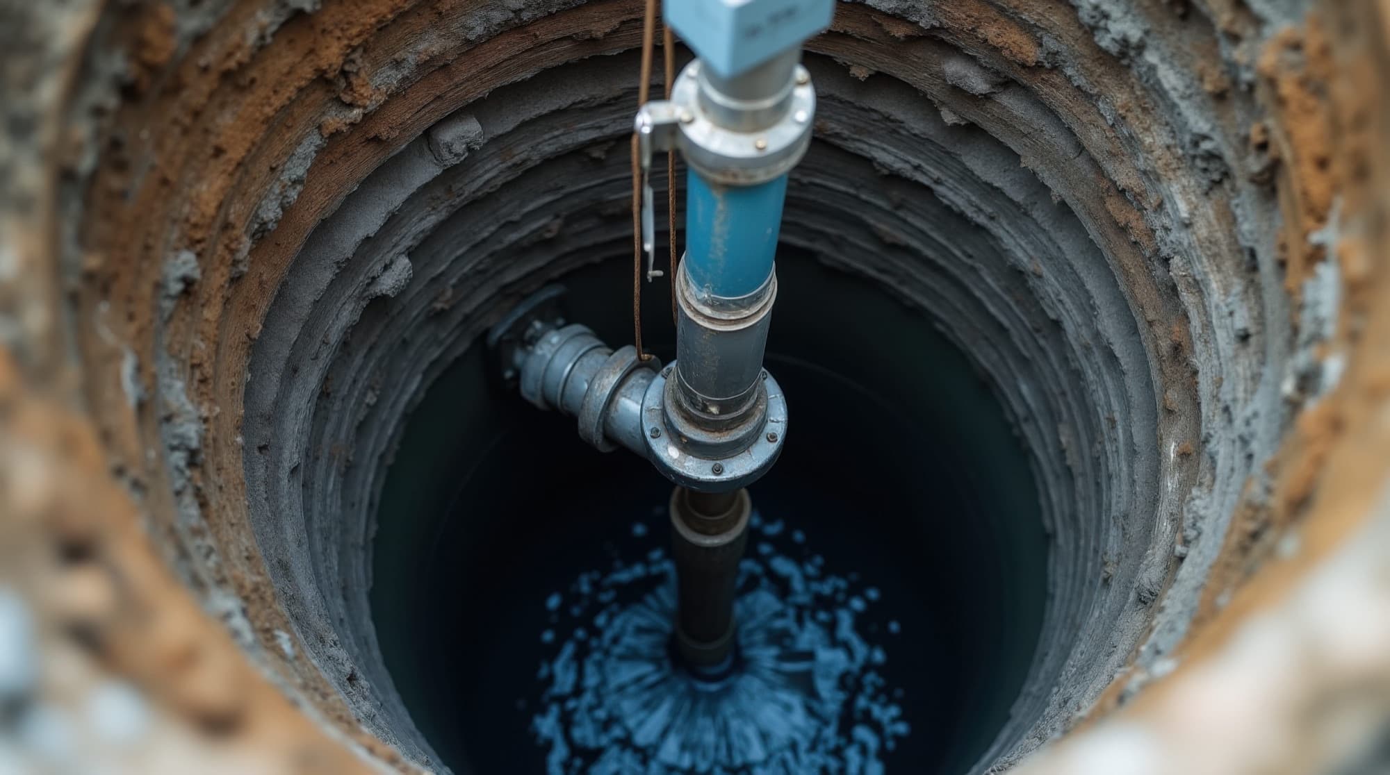 Looking down into a well at the well pump drop pipe